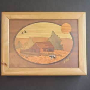 MarqART Farm Jewelry Box Signed Barn and Cow Wooden Box